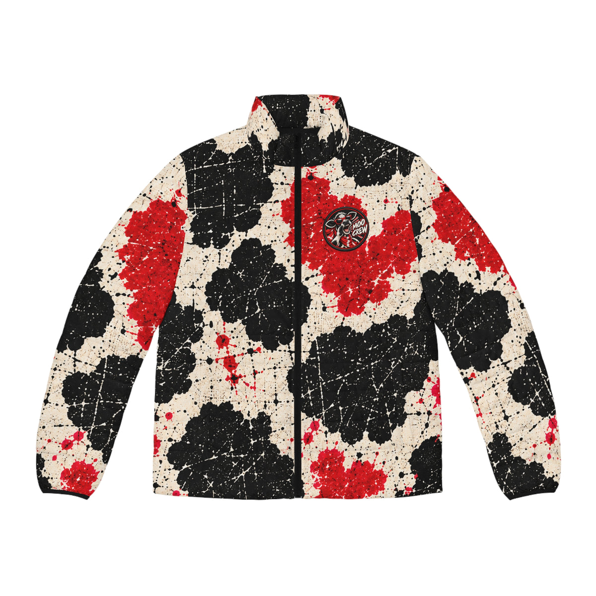 Moo Crew Calling The Here Men’s Puffer Jacket – Red, Black & Cream Abstract Splatter Print