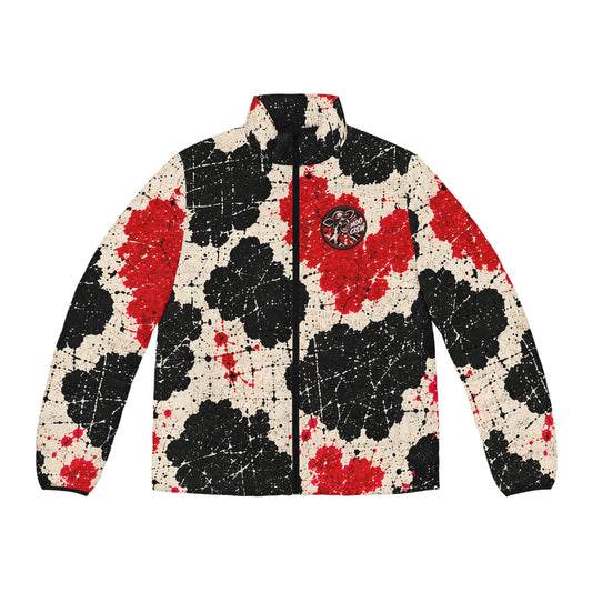 Moo Crew Calling The Here Men’s Puffer Jacket – Red, Black & Cream Abstract Splatter Print