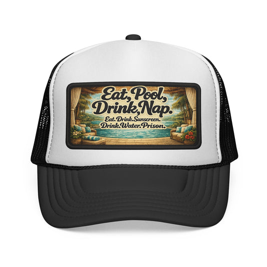 Surfache Trucker Cap - "Eat, Pool, Drink, Nap" Vintage Beach Patch Hat
