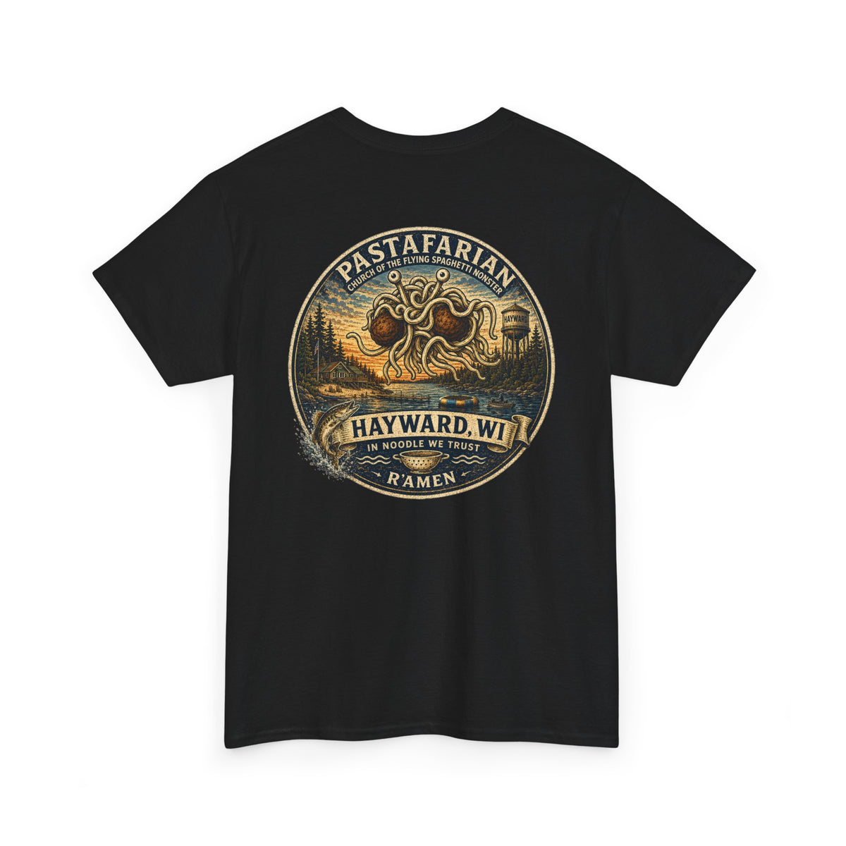 Whiplash Pastafarian T-Shirt — Vintage Hayward, WI Ramen Graphic Tee