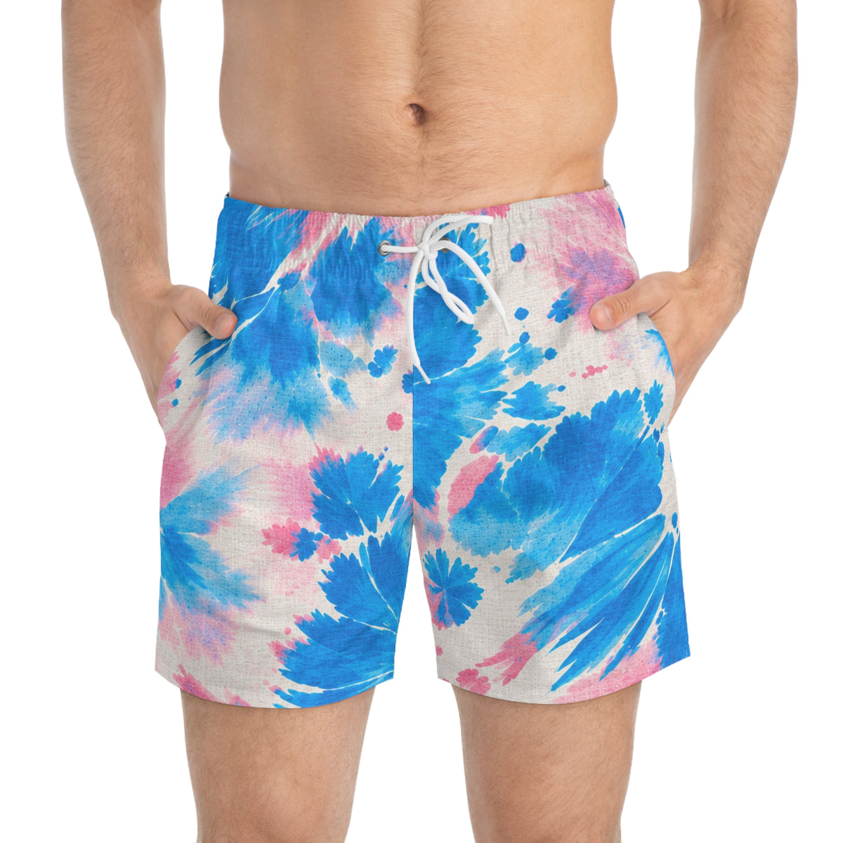 Tie-Dye Swim Trunks — Pink & Blue All-Over Print Beach Shorts
