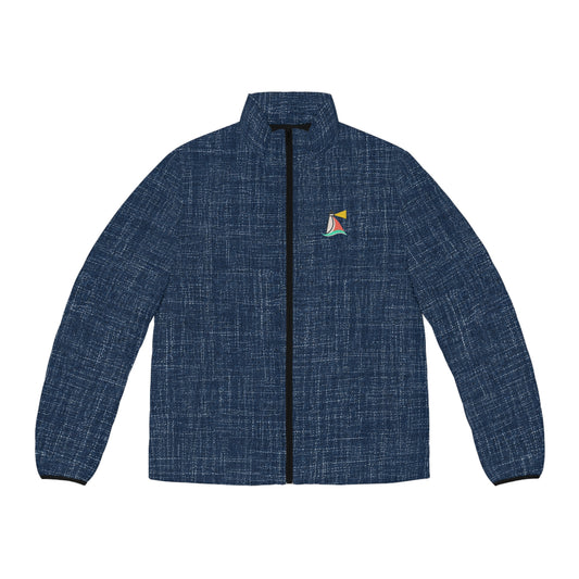 Beach Club Collective Navy Textured Puffer Jacket with Colorful Sailboat Chest Logo