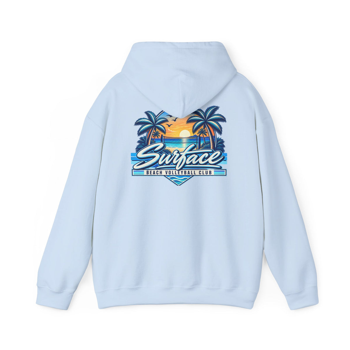Surface Beach Club Hoodie — Retro Palm Sunset Surf Graphic