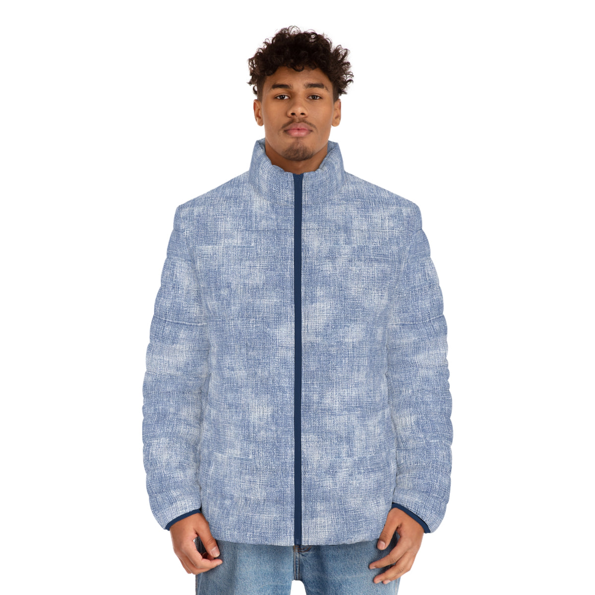 Light Blue Textured Puffer Jacket — Men's Casual Quilted Coat