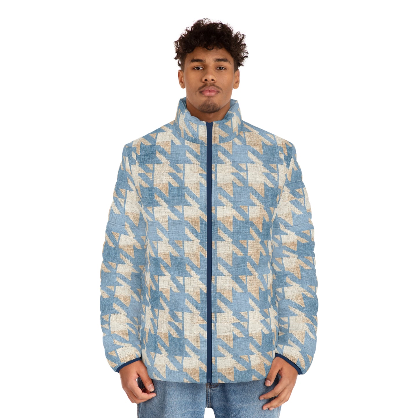 Puffer Jacket — Soft Blue Houndstooth All-Over Print
