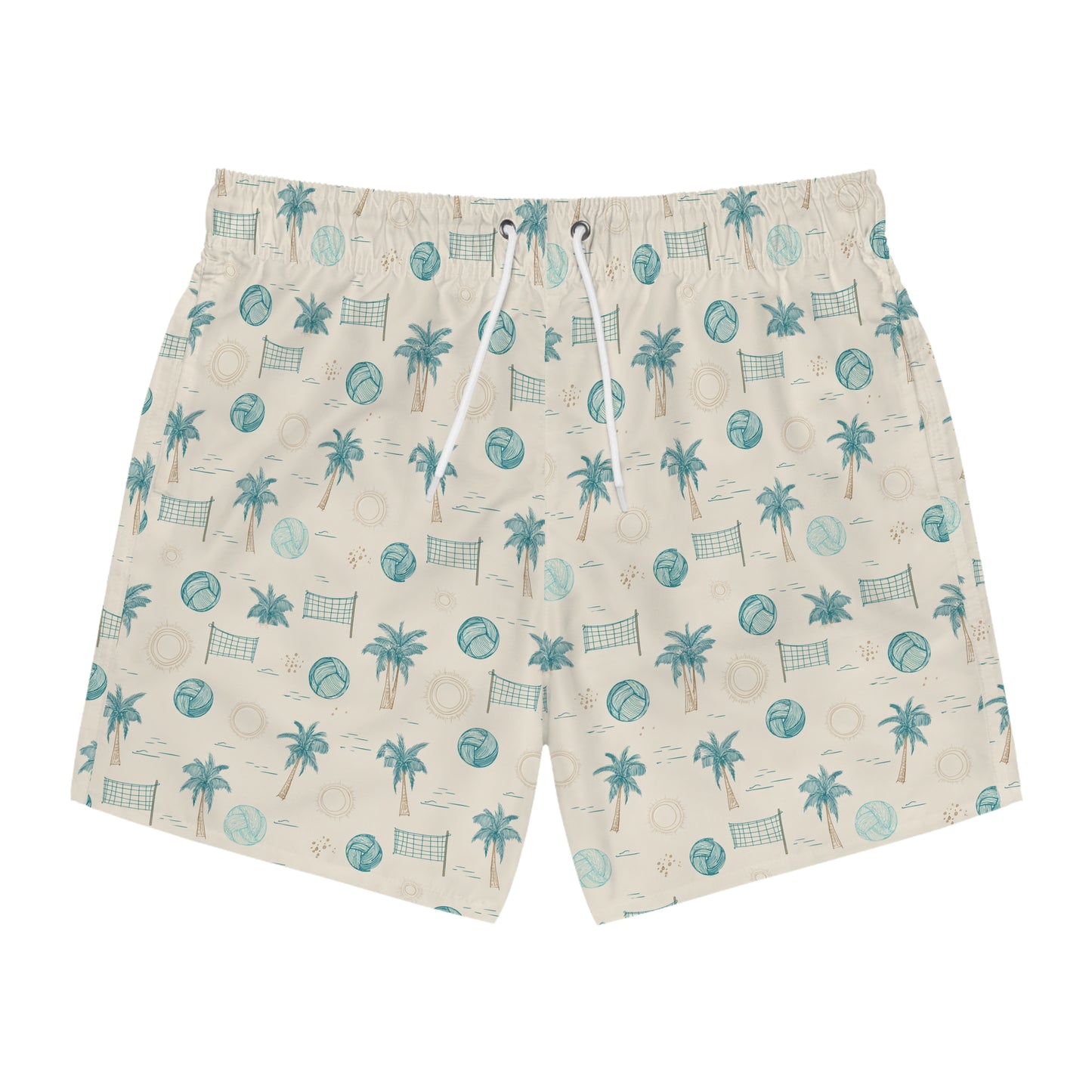 Beach Volleyball Swim Trunks — Retro Palm & Volley Pattern AOP