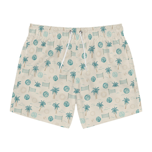 Beach Volleyball Swim Trunks — Retro Palm & Volley Pattern AOP