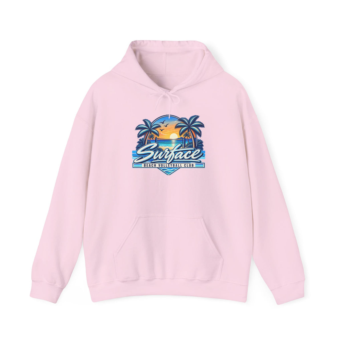 Surface Beach Club Hoodie — Retro Palm Sunset Surf Graphic