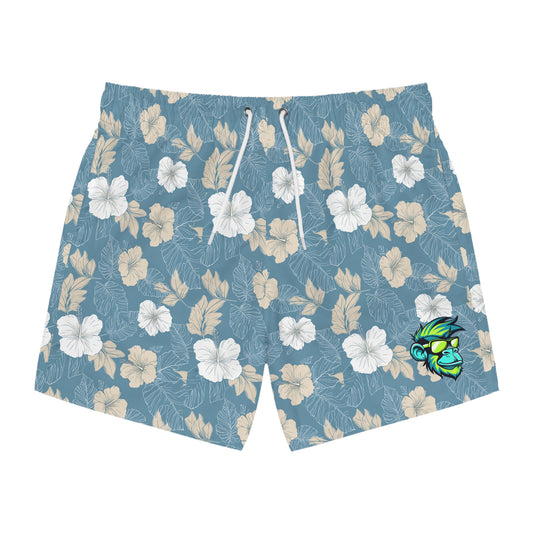 Hibiscus Floral Swim Trunks — Blue Tropical All-Over Print