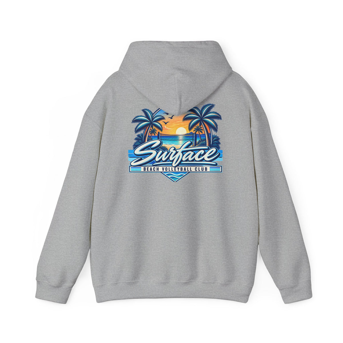Surface Beach Club Hoodie — Retro Palm Sunset Surf Graphic