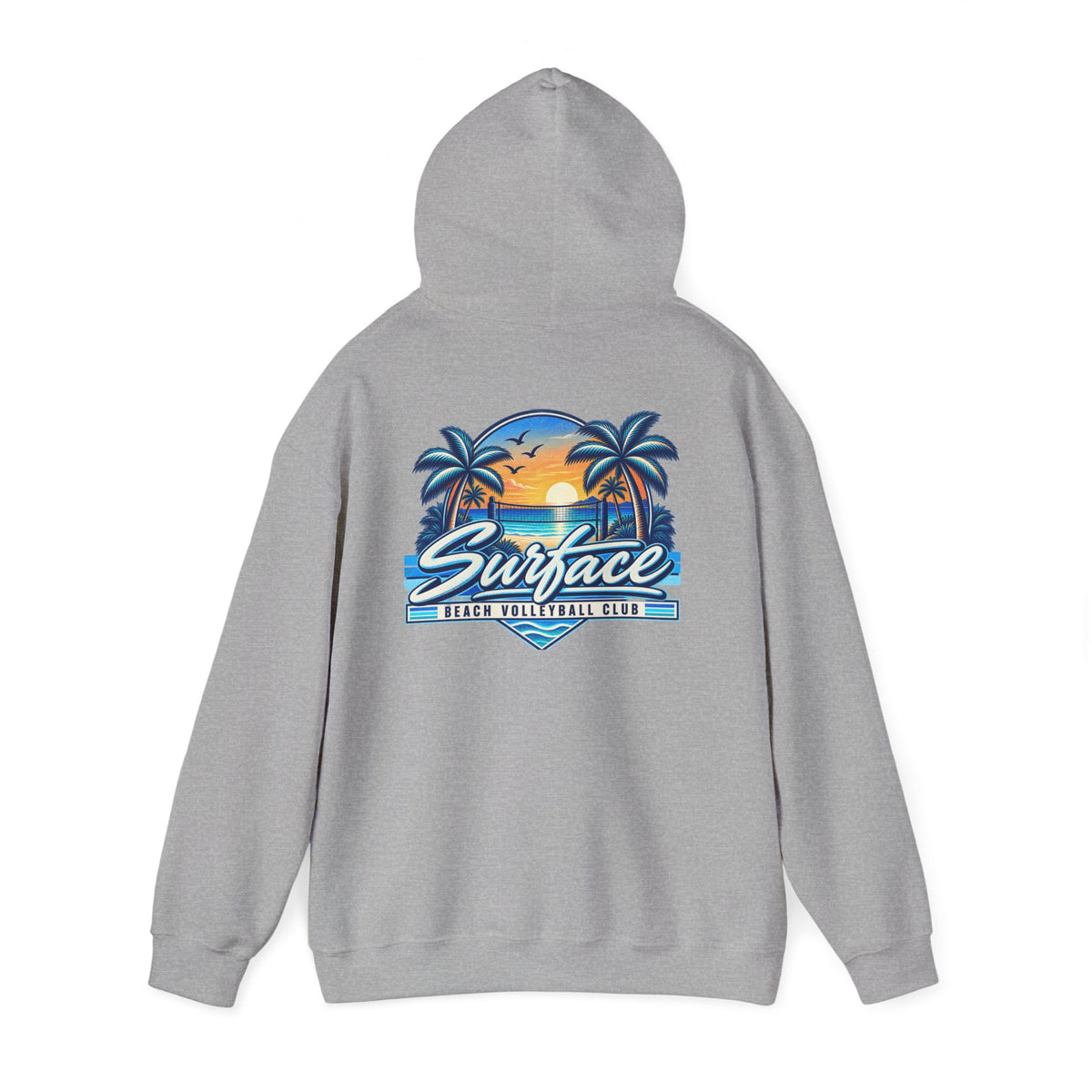 Surface Beach Club Hoodie — Retro Palm Sunset Surf Graphic