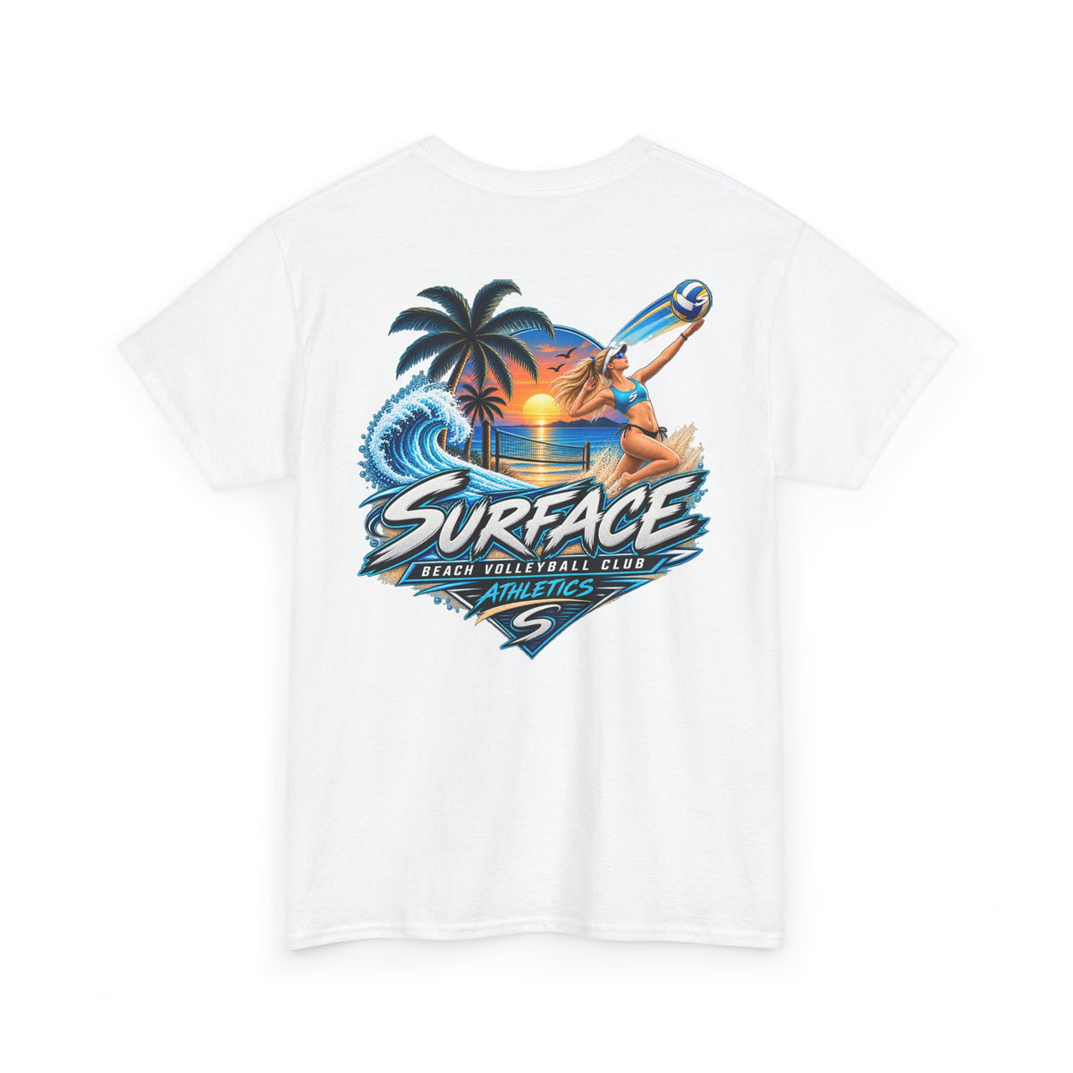 Surface Beach Volleyball Tee — Sunset Wave Palm Graphic T‑Shirt
