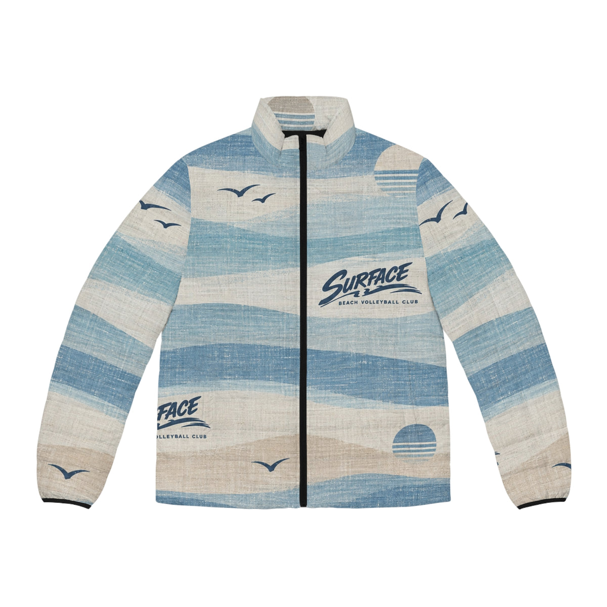 Surface Waves Puffer Jacket — Retro Coastal Blue All-Over Print