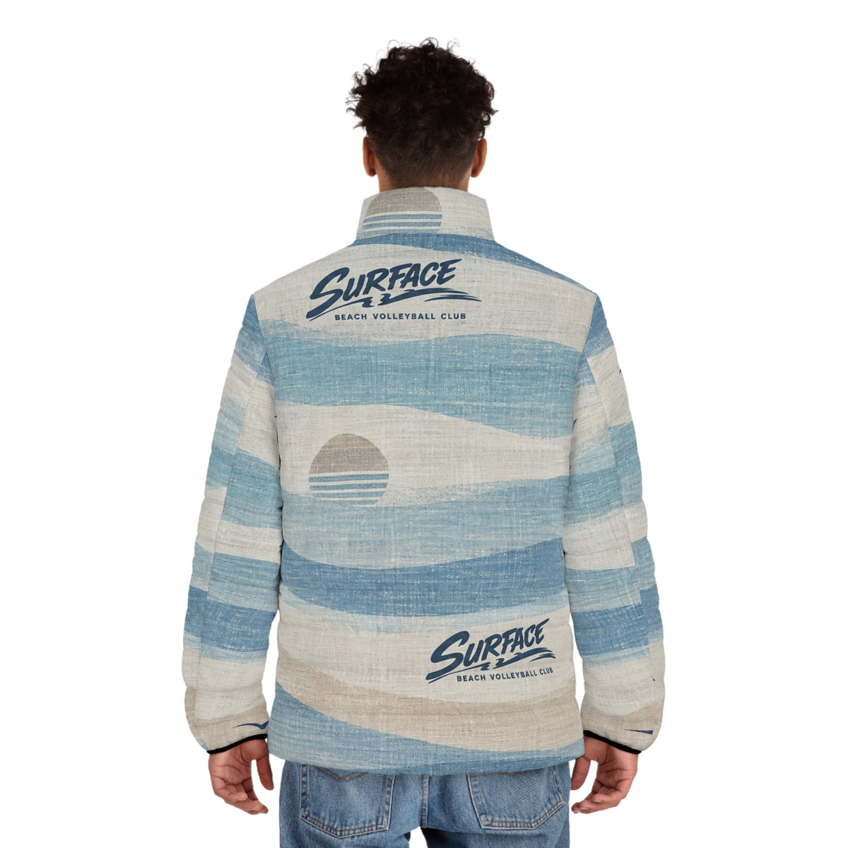Surface Waves Puffer Jacket — Retro Coastal Blue All-Over Print