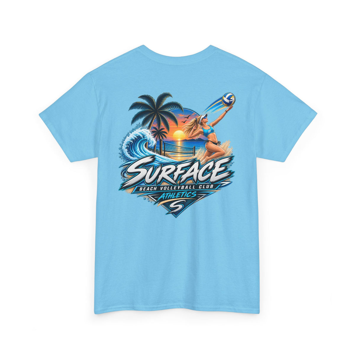 Surface Beach Volleyball Tee — Sunset Wave Palm Graphic T‑Shirt