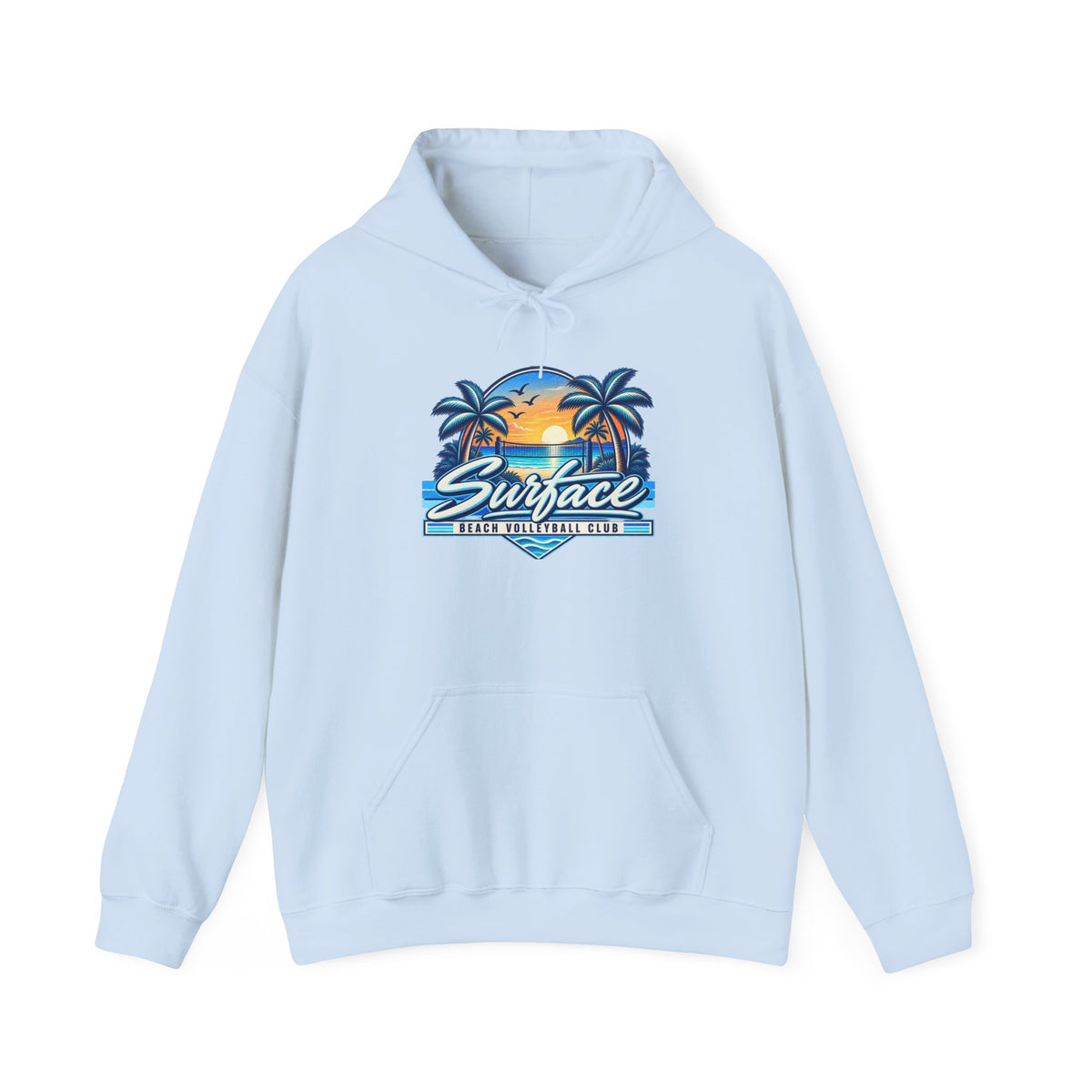 Surface Beach Club Hoodie — Retro Palm Sunset Surf Graphic