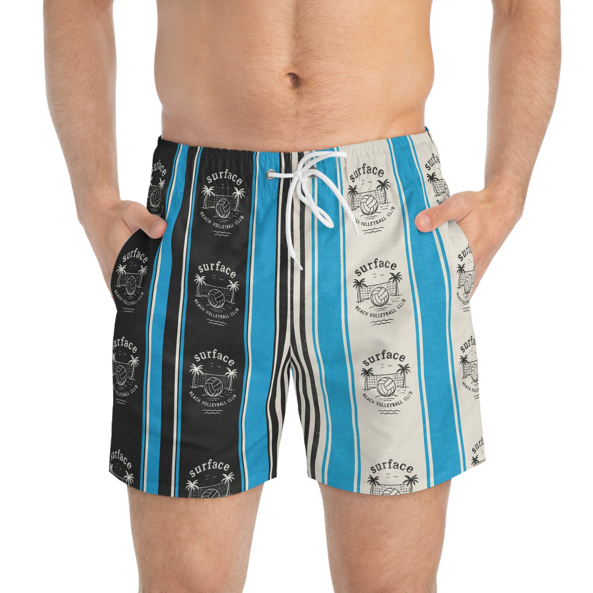 Striped Surf Club Swim Trunks — Blue & Black All-Over Print