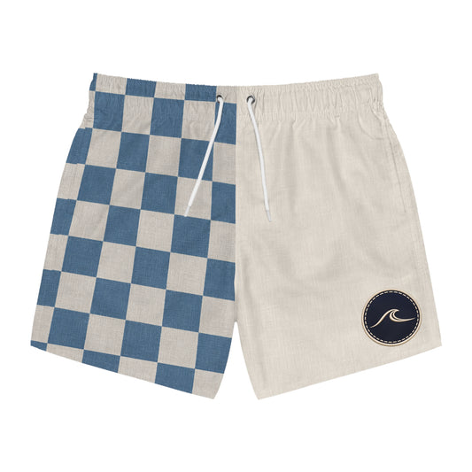 Surfache Club Checkerboard Split Swim Trunks — Retro Surf Logo Swim Shorts