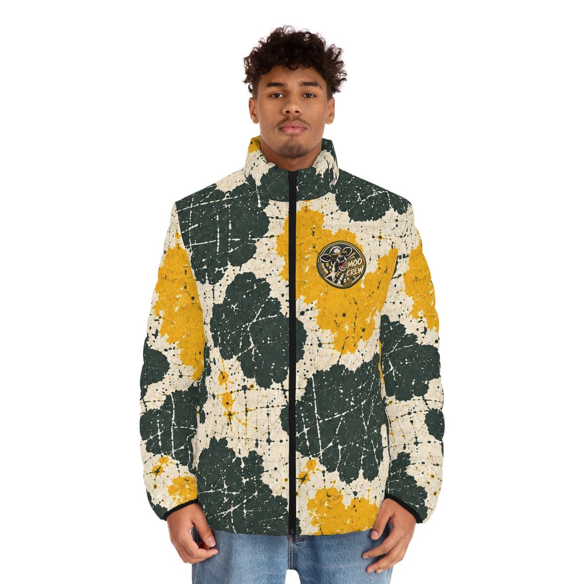 Moo Crew Call The Herd Puffer Throwback Colorway Men’s Abstract Blue, Navy & Yellow Printed Puffer Jacket