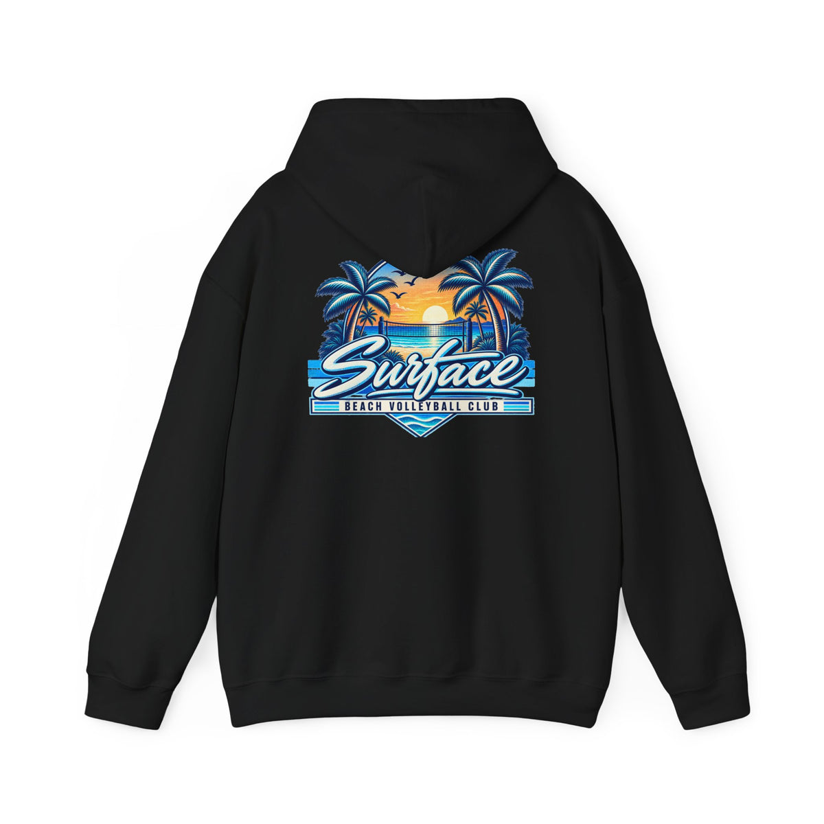 Surface Beach Club Hoodie — Retro Palm Sunset Surf Graphic
