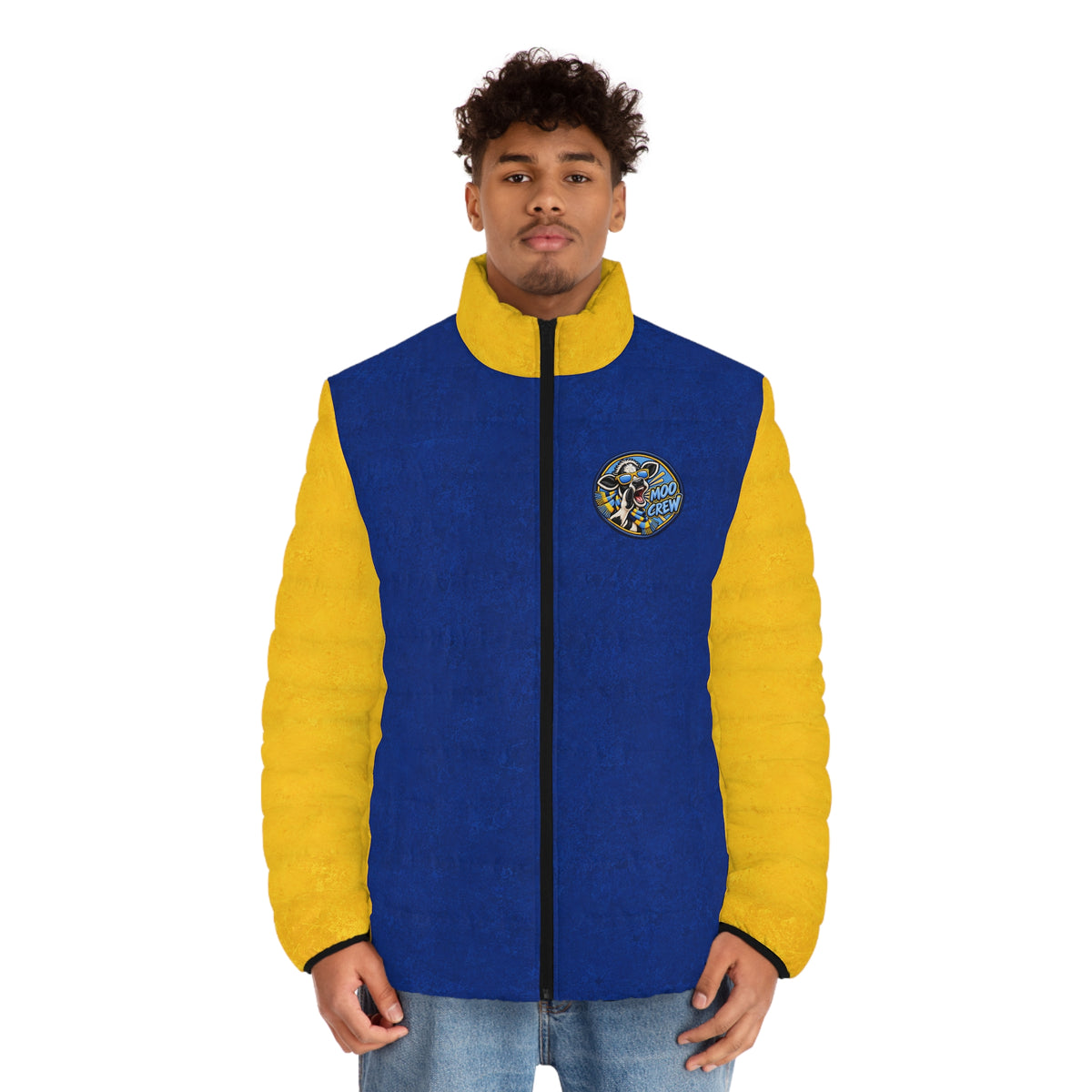 Moo Crew Call The Herd Puffer Men’s Abstract Blue Printed Puffer Jacket