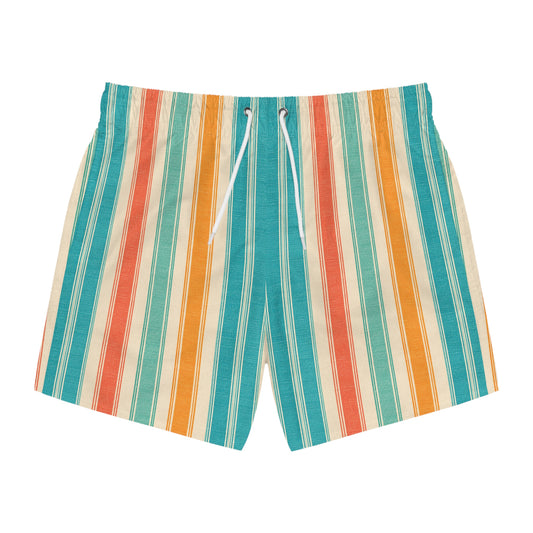 Retro Beach Stripe Swim Trunks — Teal, Coral & Mustard All-Over Print