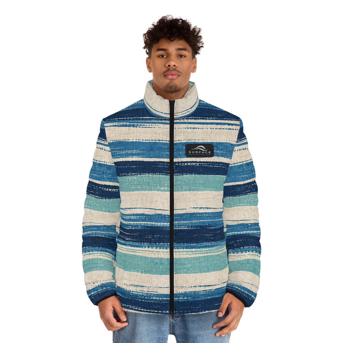 Men’s Puffer Jacket – Blue Coastal Striped Outdoor Jacket