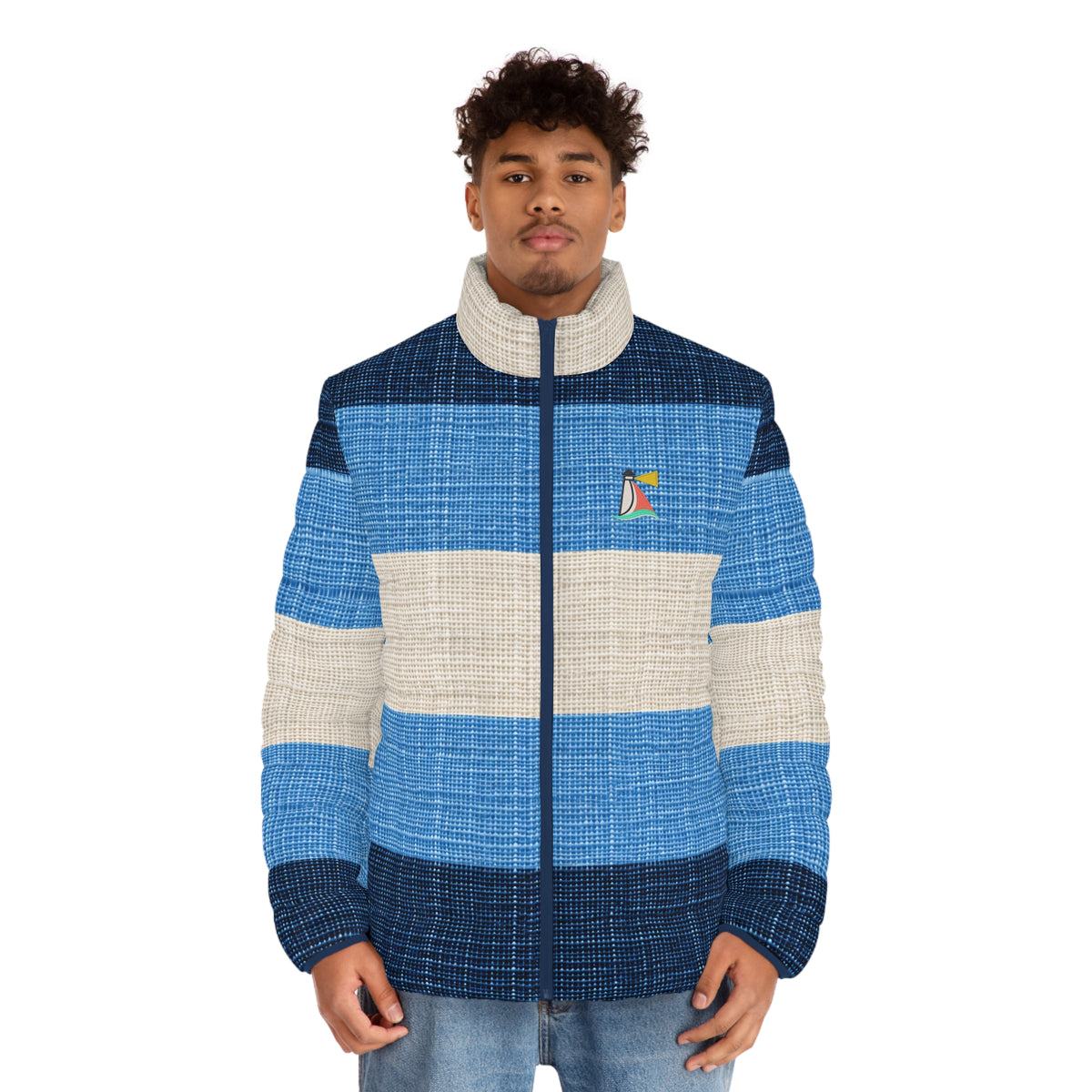 Beach Club Collective Regatta Blue Stripe Puffer Jacket with Colorful Sailboat Chest Logo