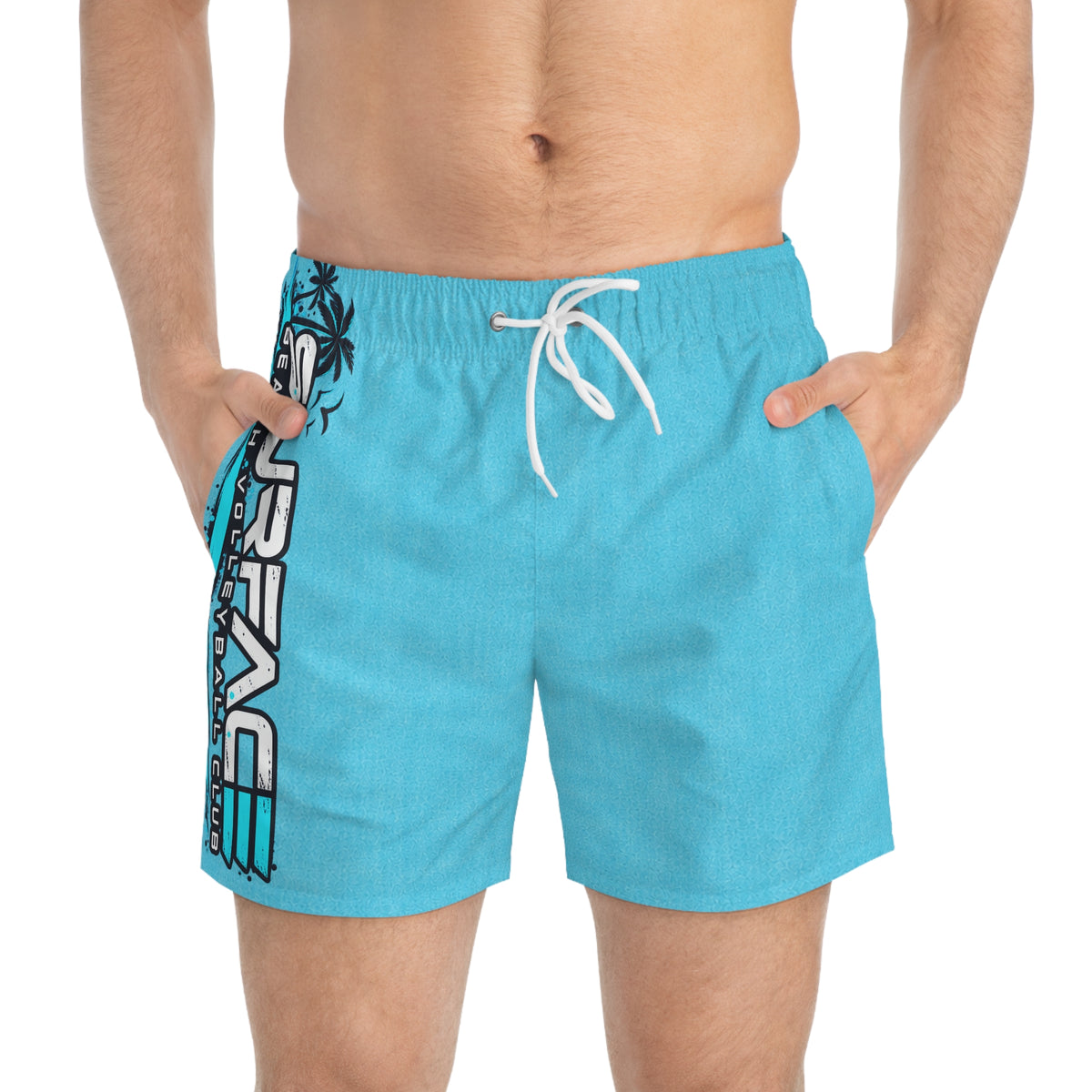 Surface Beach Club Aqua Swim Trunks – Tropical Palm Surfboard Design