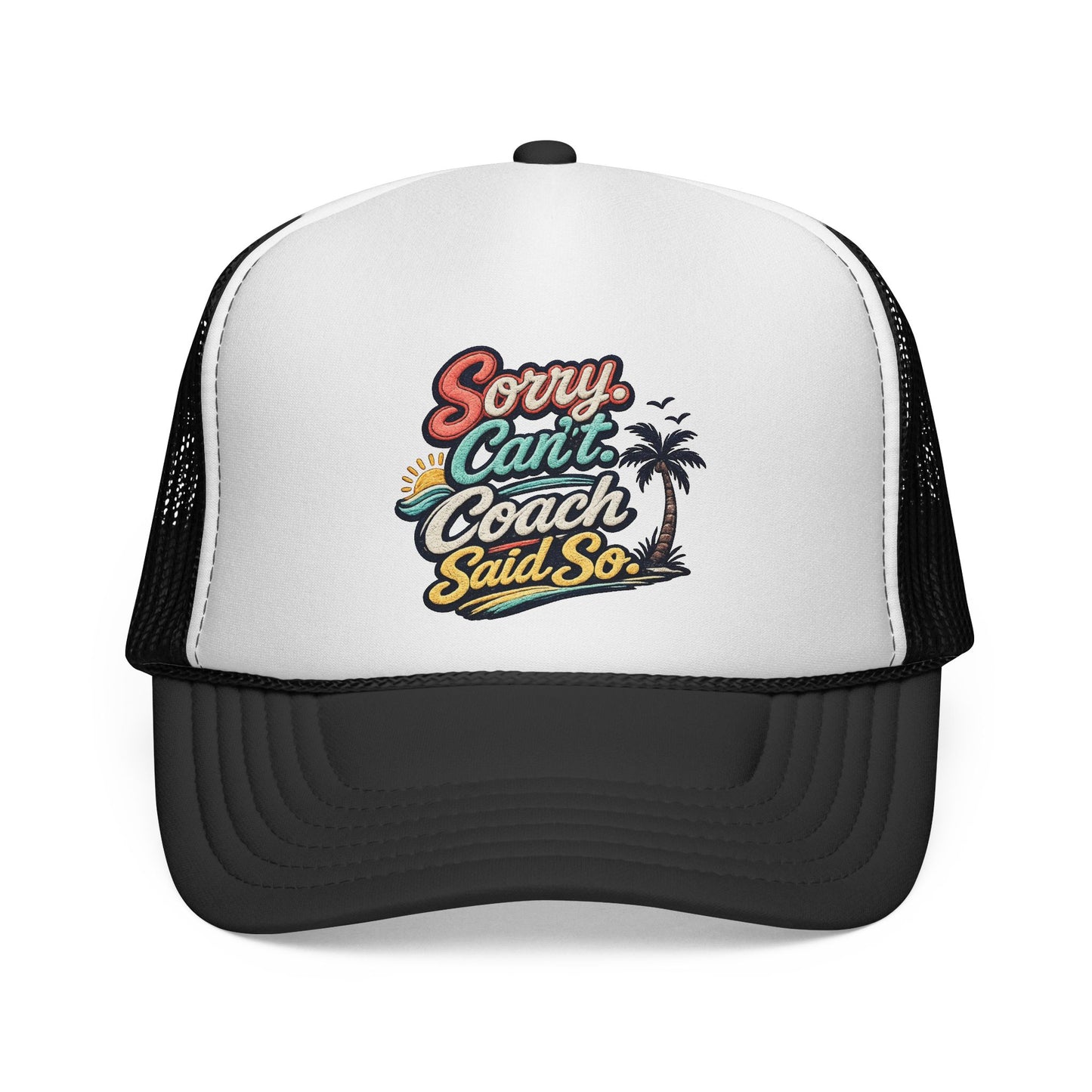 Sorry Can't — Trucker Cap with Retro Beach Coach Graphic