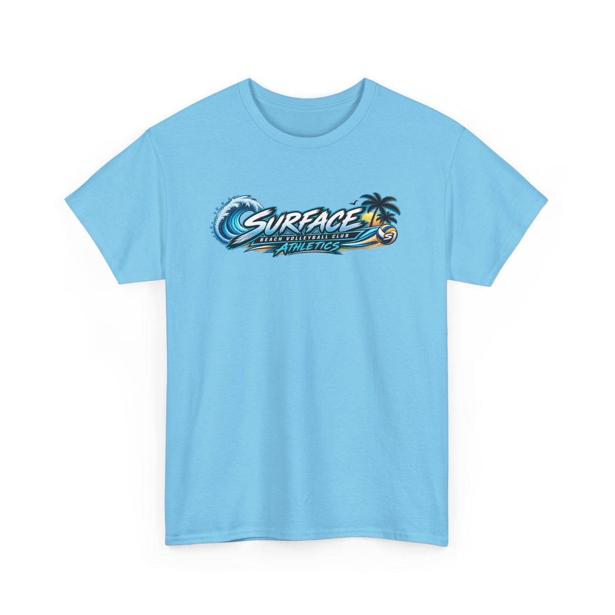Surface Beach Volleyball Tee — Sunset Wave Palm Graphic T‑Shirt