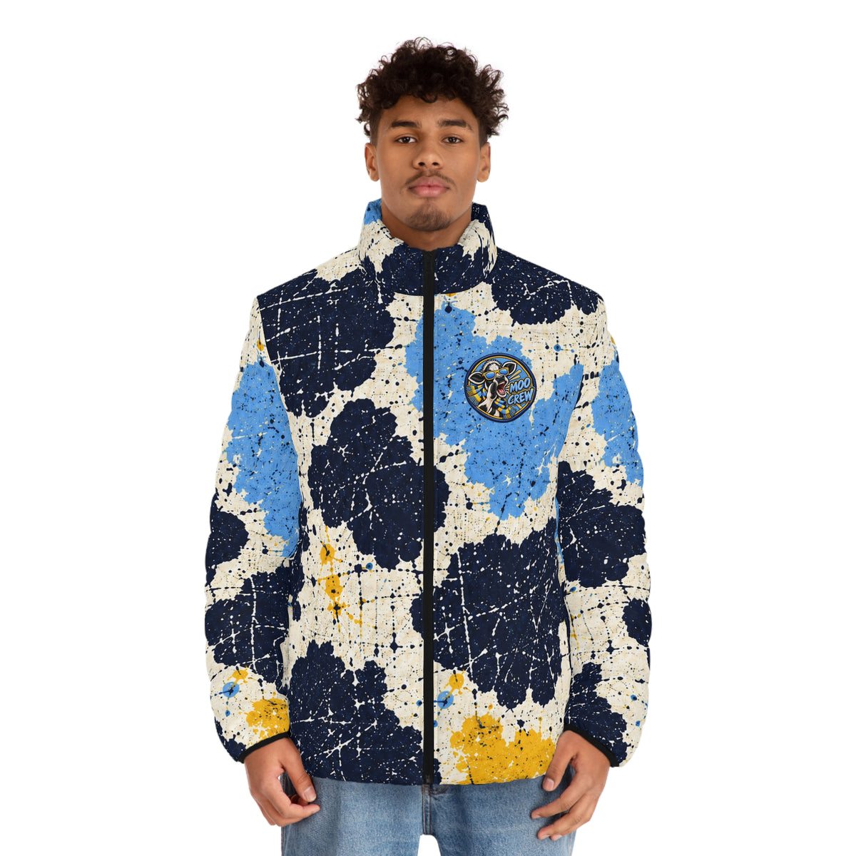 Moo Crew Call The Herd Puffer Men’s Abstract Blue, Navy & Yellow Printed Puffer Jacket