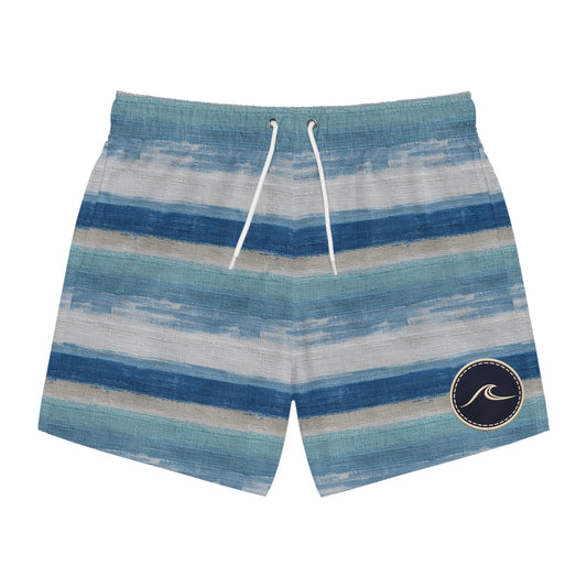 Surfache Harbor Blue Striped Swim Short— Casual Surf Logo Beach Shorts