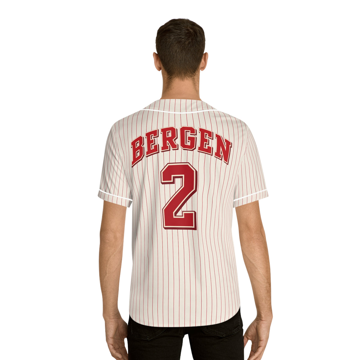 Bergen Wrigley Field Retro Red Pinstripe Baseball Jersey