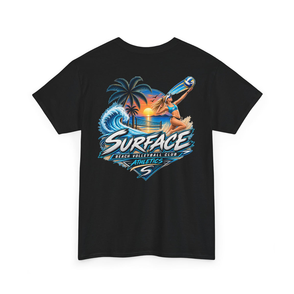 Surface Beach Volleyball Tee — Sunset Wave Palm Graphic T‑Shirt