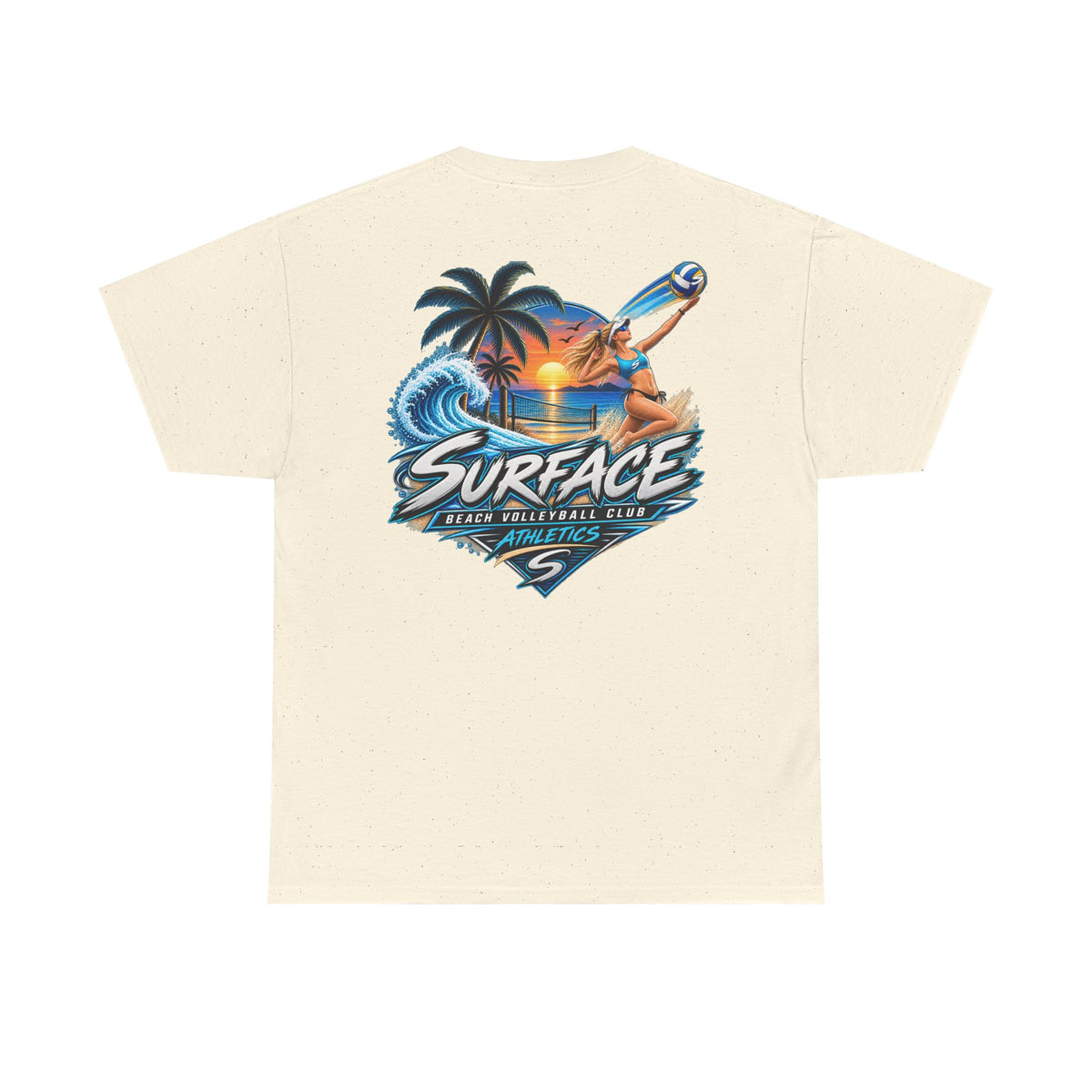 Surface Beach Volleyball Tee — Sunset Wave Palm Graphic T‑Shirt
