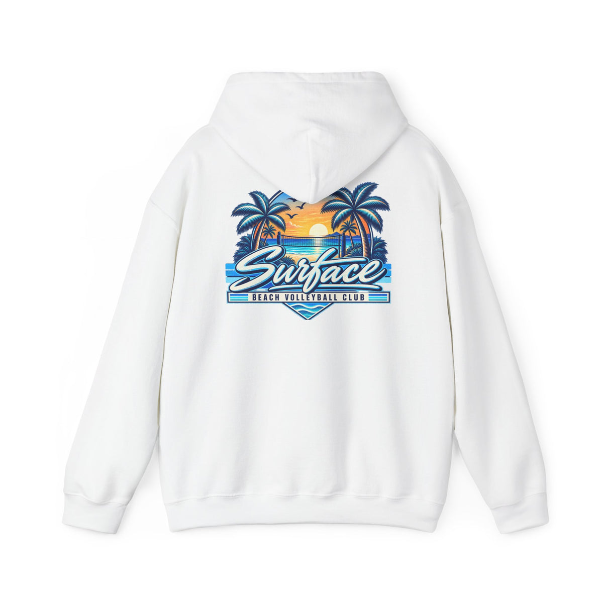 Surface Beach Club Hoodie — Retro Palm Sunset Surf Graphic
