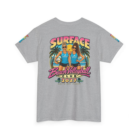 Beach Volleyball Tee — "Surface Beach Volleyball Club 2027" Retro Sunset Shirt