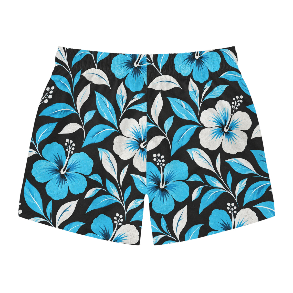 Hibiscus Floral Swim Trunks — Blue & White Tropical Beach Shorts