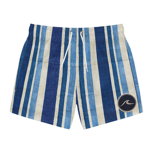 Surfache Men's Blue Striped Swim Trunks — Coastal Beach Shorts with Wave Patch