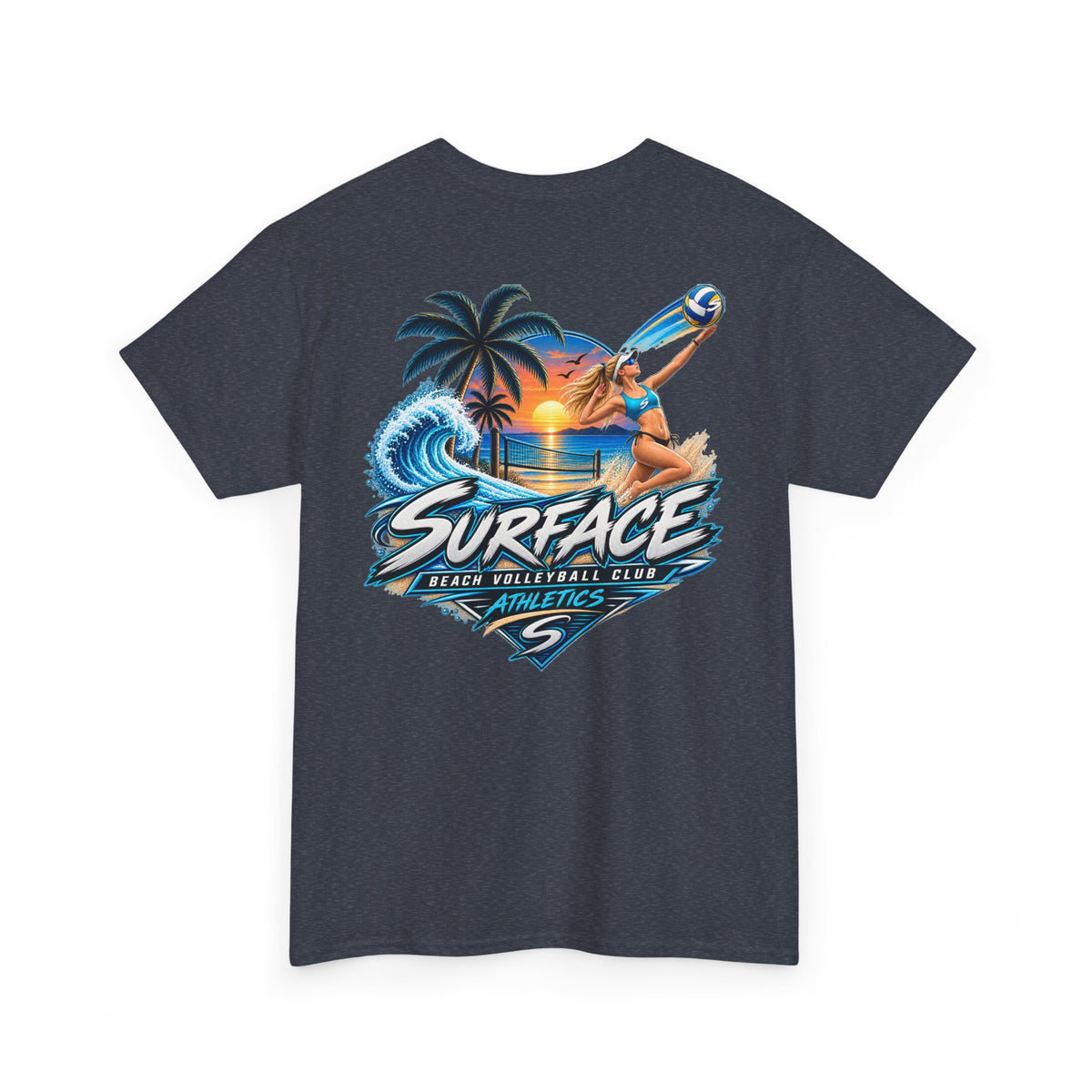 Surface Beach Volleyball Tee — Sunset Wave Palm Graphic T‑Shirt