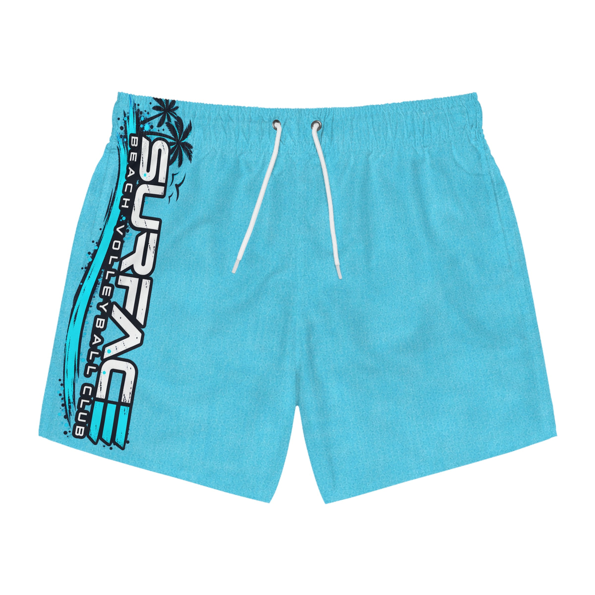 Surface Beach Club Aqua Swim Trunks – Tropical Palm Surfboard Design