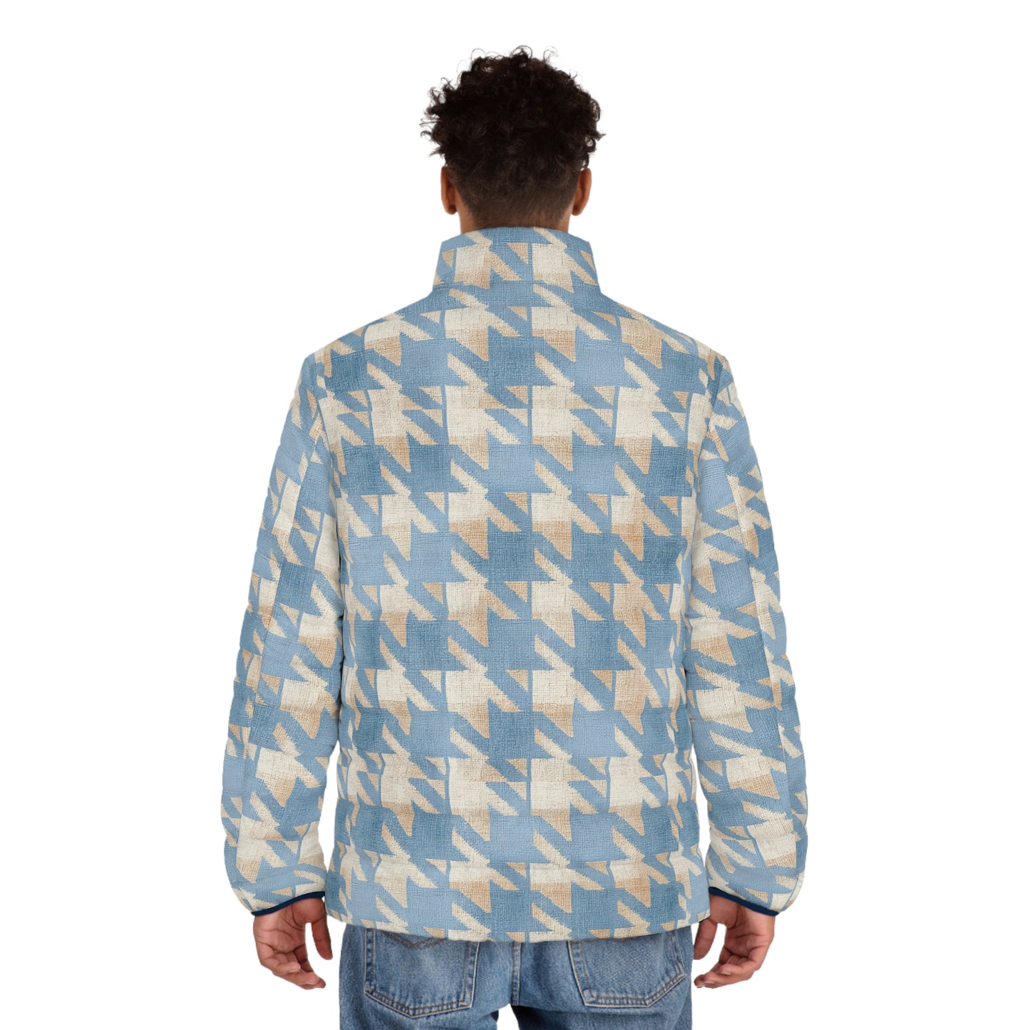 Puffer Jacket — Soft Blue Houndstooth All-Over Print