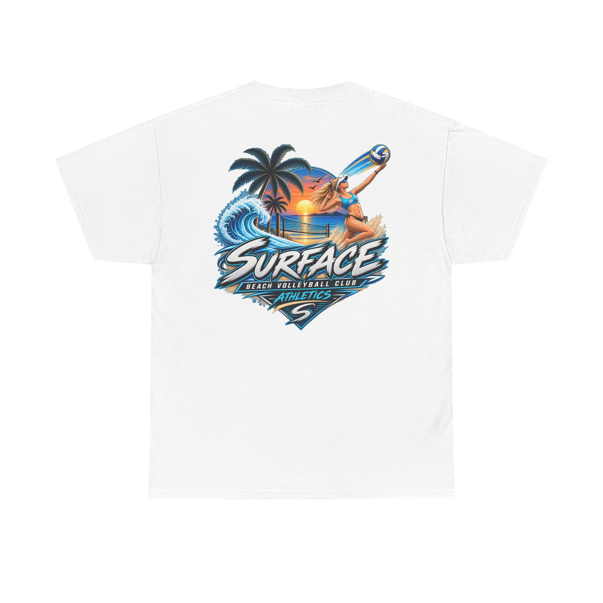 Surface Beach Volleyball Tee — Sunset Wave Palm Graphic T‑Shirt