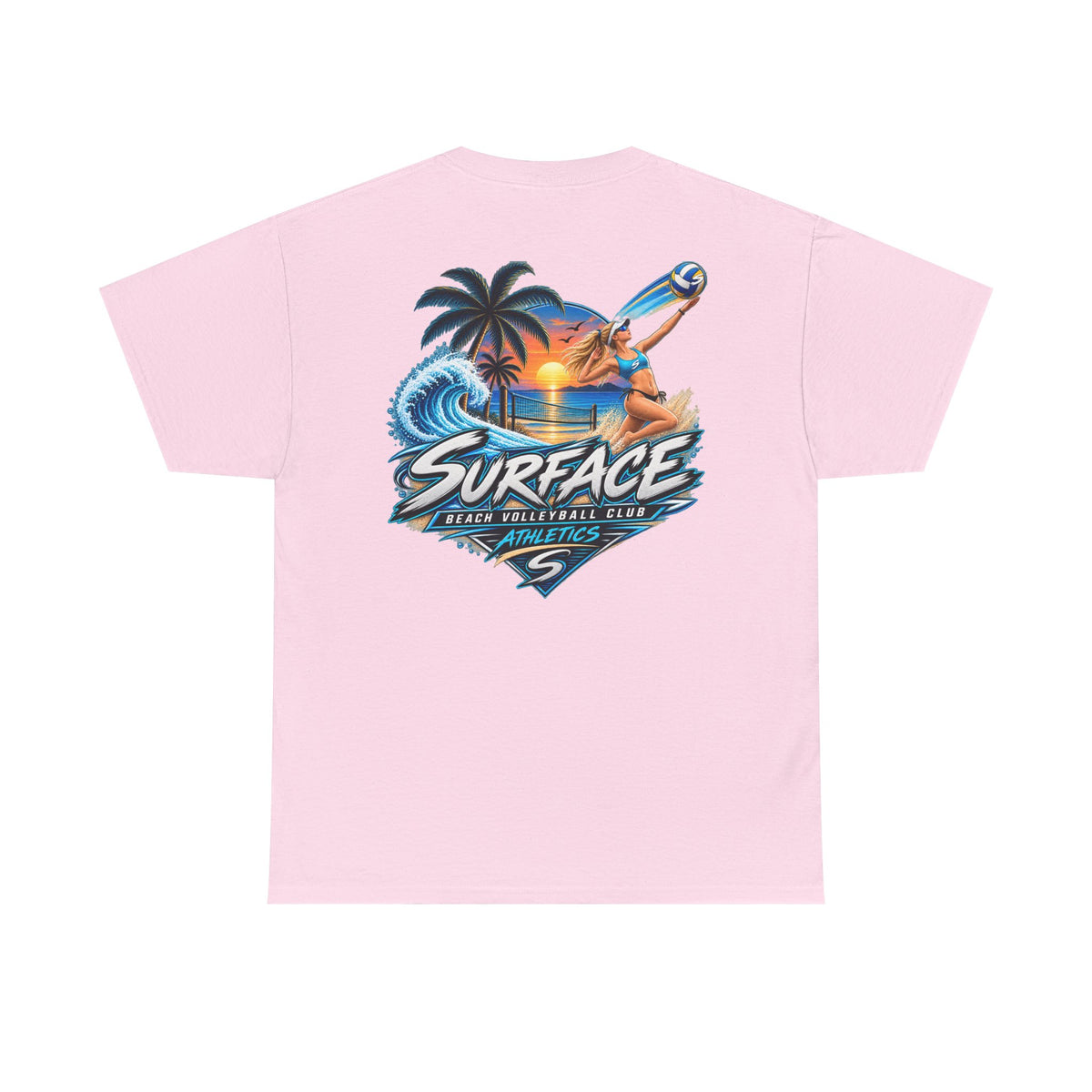 Surface Beach Volleyball Tee — Sunset Wave Palm Graphic T‑Shirt