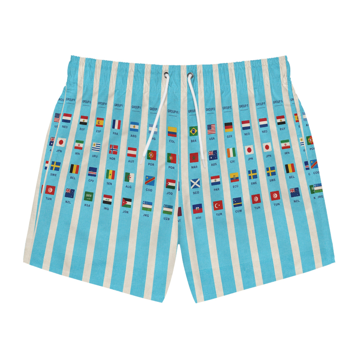Surfache World Cup Groups 2026- Flags Swim Trunks — Retro Striped Vacation Boardshorts