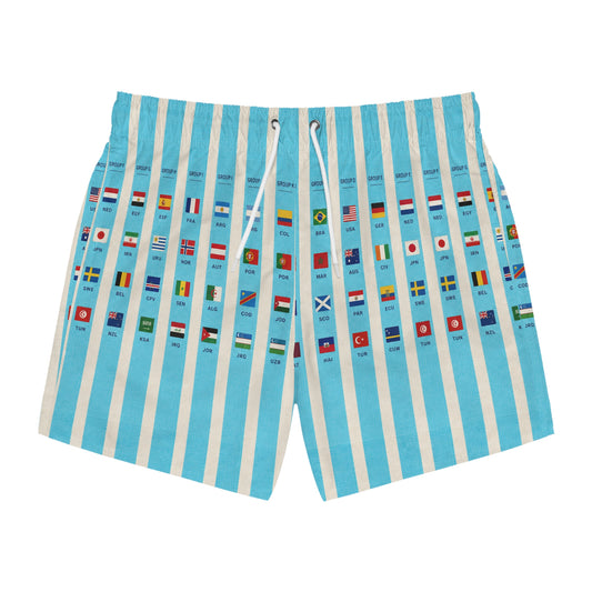 Surfache World Cup Groups 2026- Flags Swim Trunks — Retro Striped Vacation Boardshorts