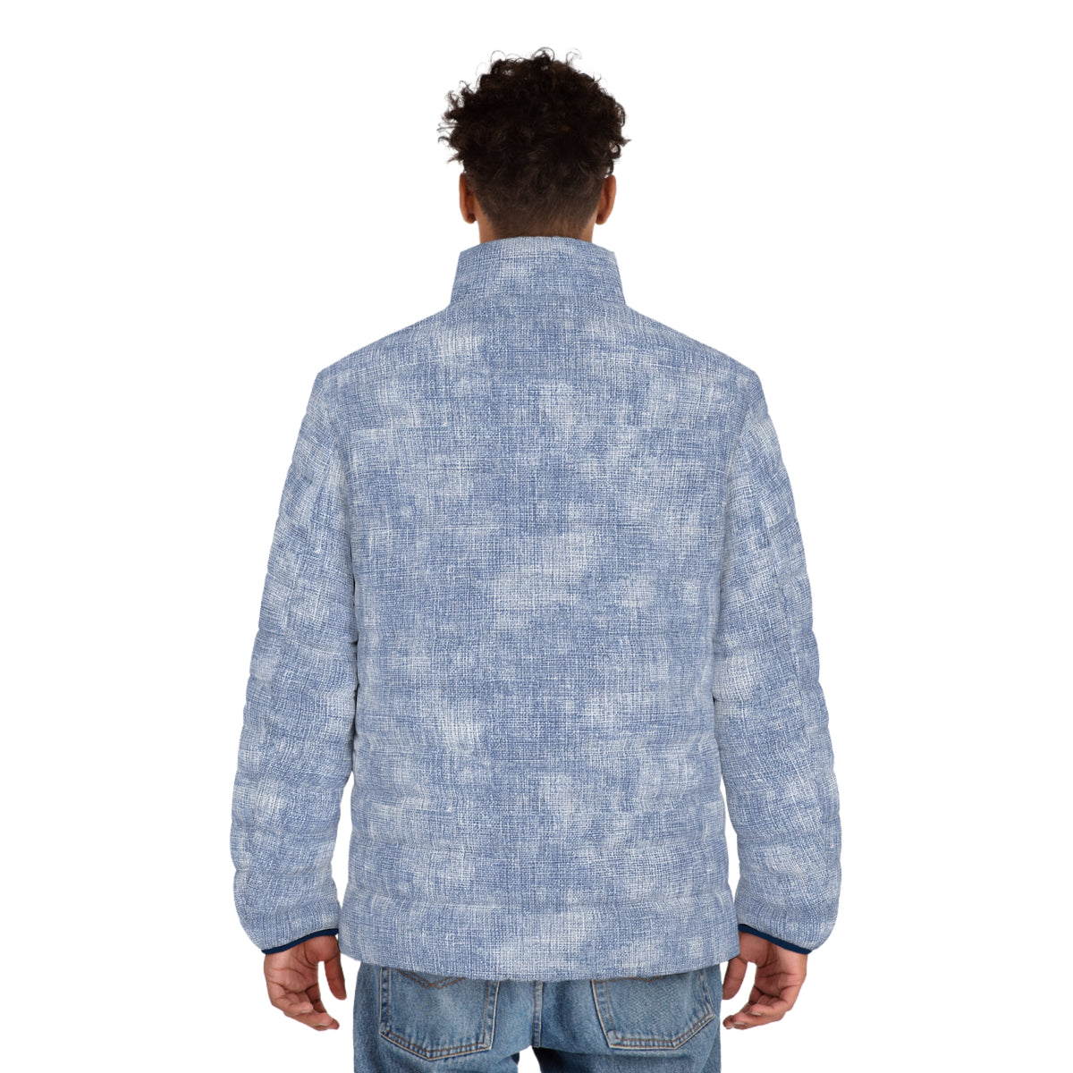 Light Blue Textured Puffer Jacket — Men's Casual Quilted Coat