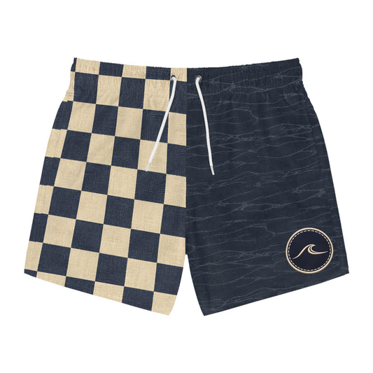 Surfache Club Checkerboard Split Swim Trunks — Retro Surf Logo Swim Shorts