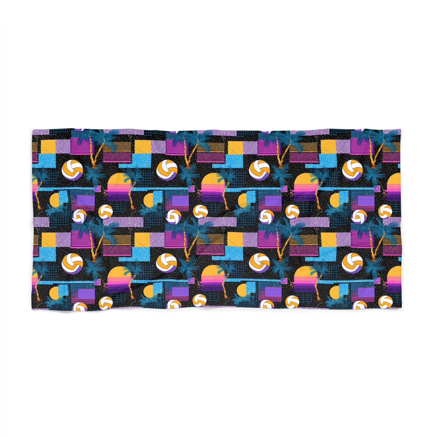 Retro Neon Surf & Palm Beach Towel — 80s Sunset Volleyball Pattern